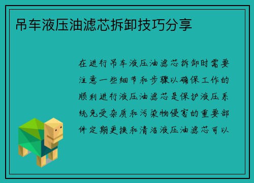吊车液压油滤芯拆卸技巧分享